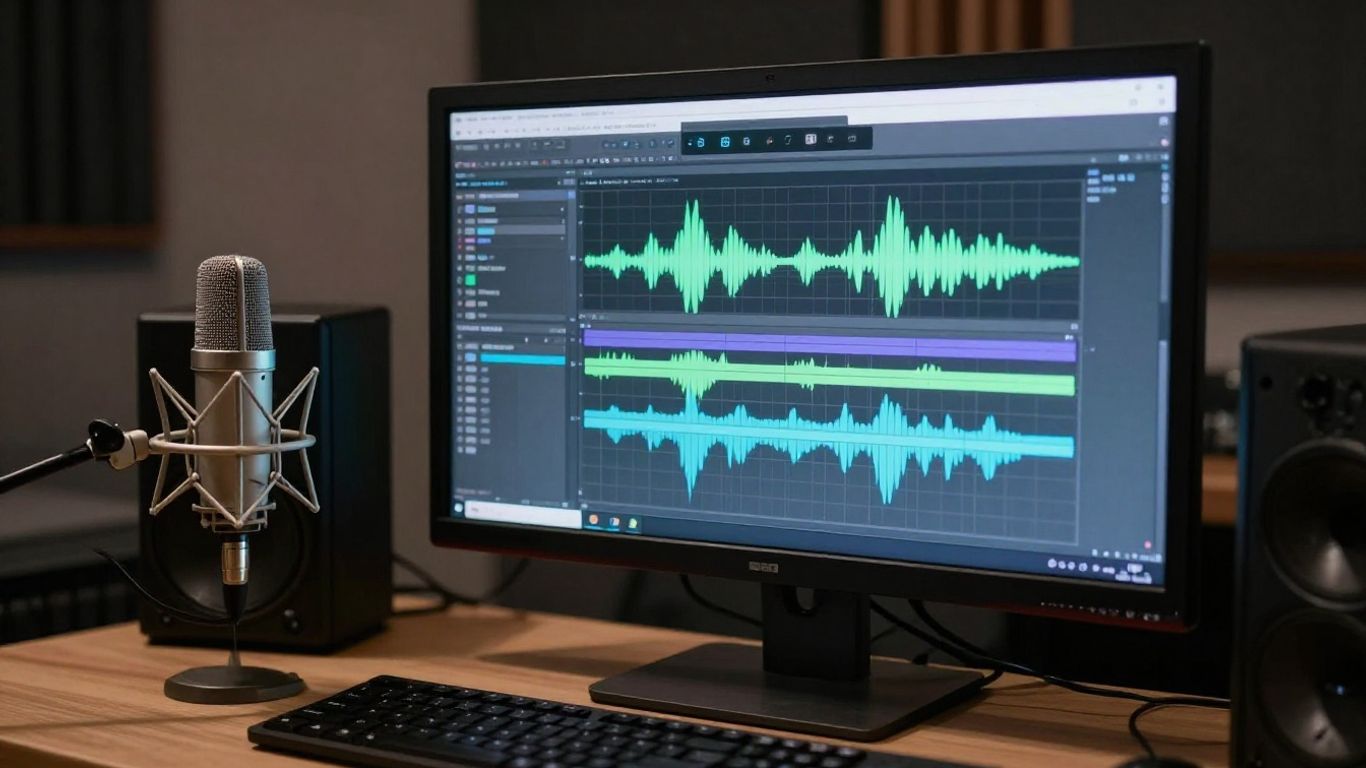AI music production workflow with DAW and microphone.