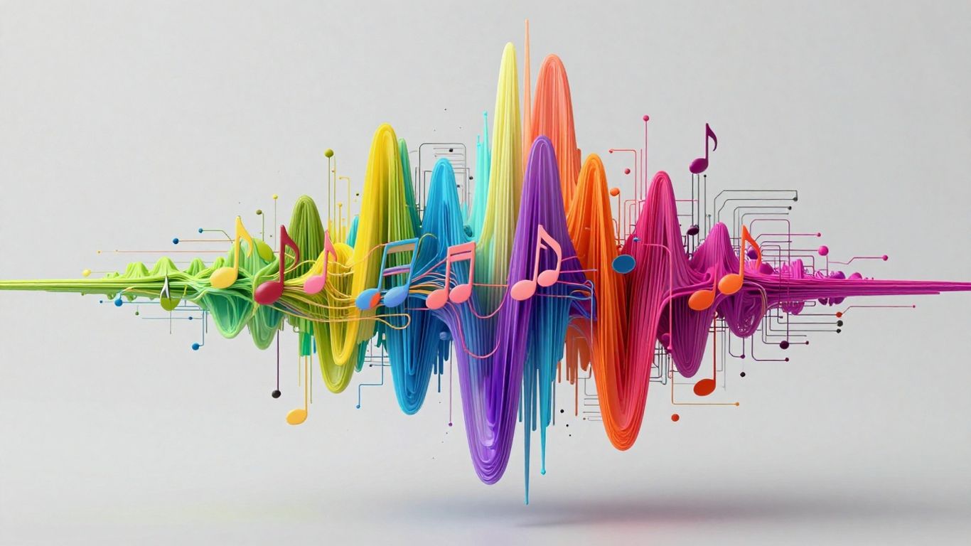 Abstract soundwave turning into musical notes and circuits.