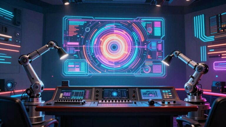 AI creating a music video in a futuristic studio.