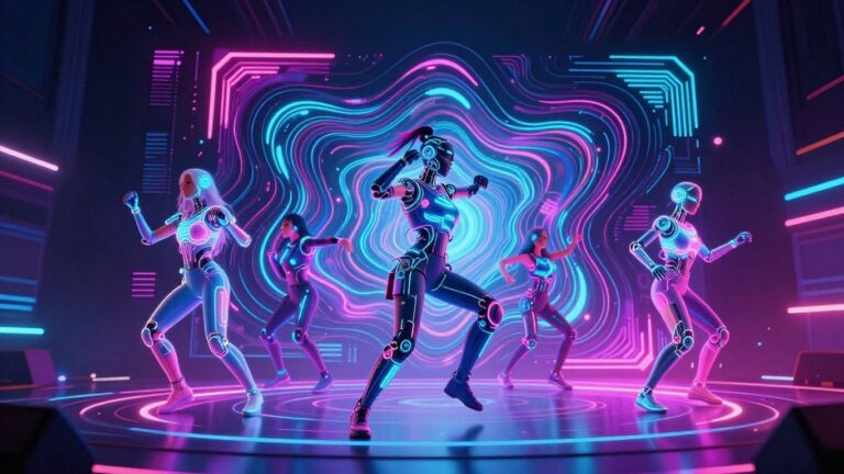Futuristic AI music video with neon lights and dancers.