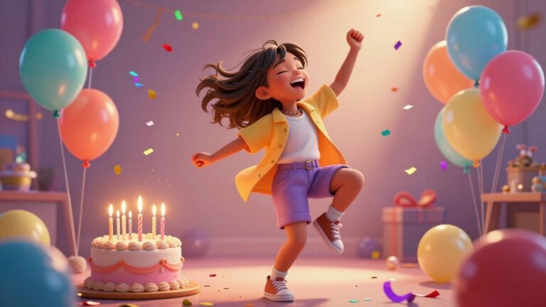 Person singing and dancing at a birthday party.