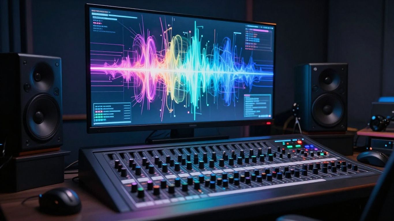 AI music visualizer in a futuristic studio.