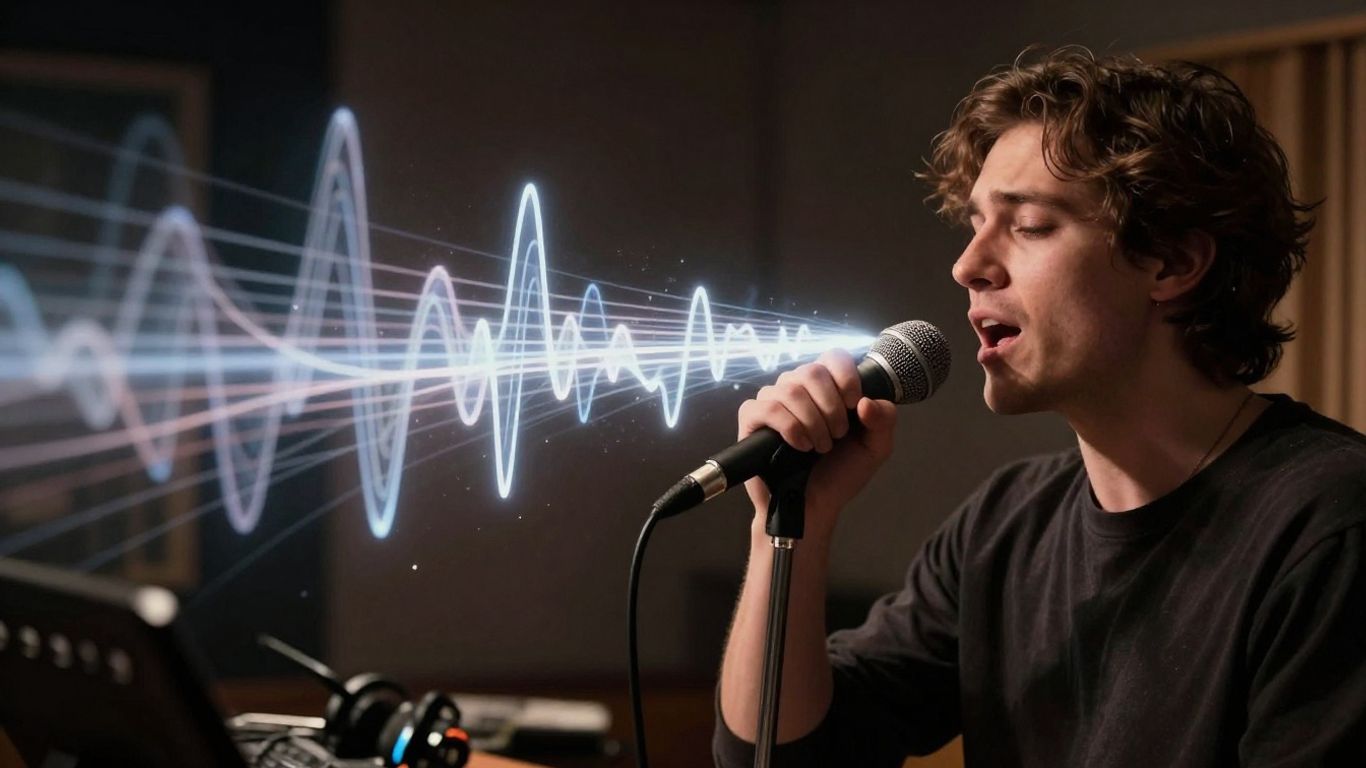 Person singing into a microphone with sound waves.