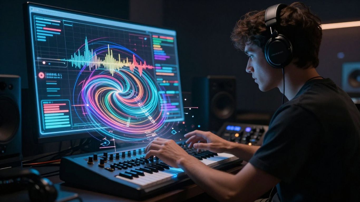 Musician using futuristic AI music creation tools.