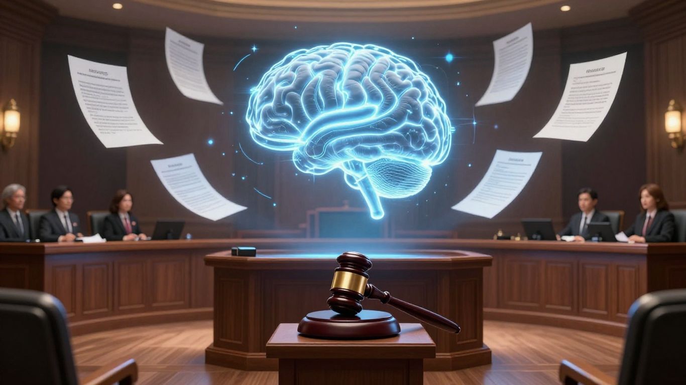 AI brain in a futuristic courtroom with legal documents.