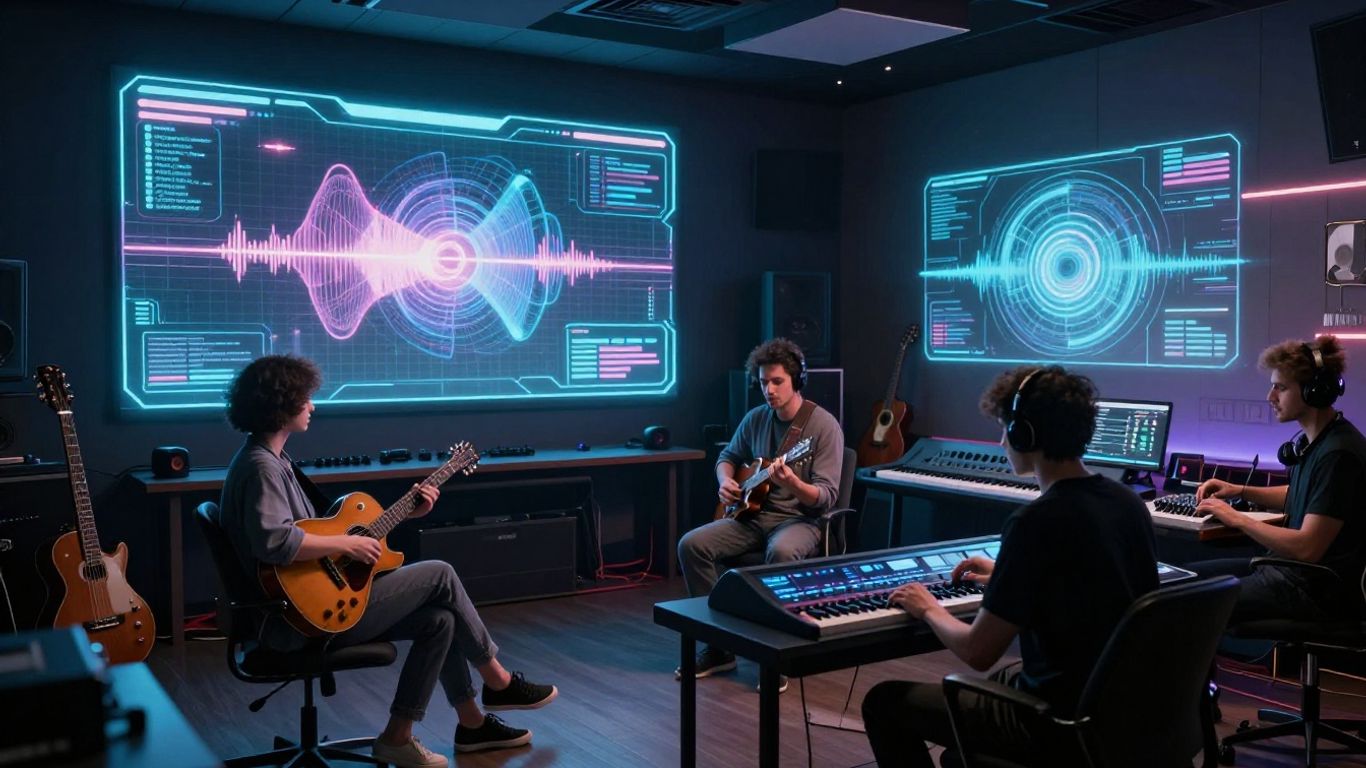 AI music creation studio with futuristic technology.