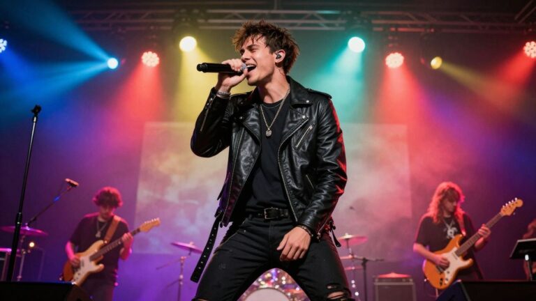 Artist performing on stage with colorful spotlights