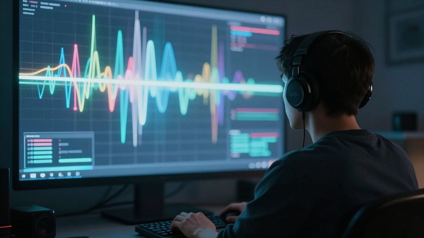 AI music video generator interface with colorful visualizations.
