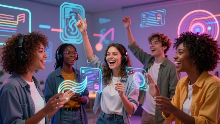 AI creating music videos, diverse people, futuristic interfaces.