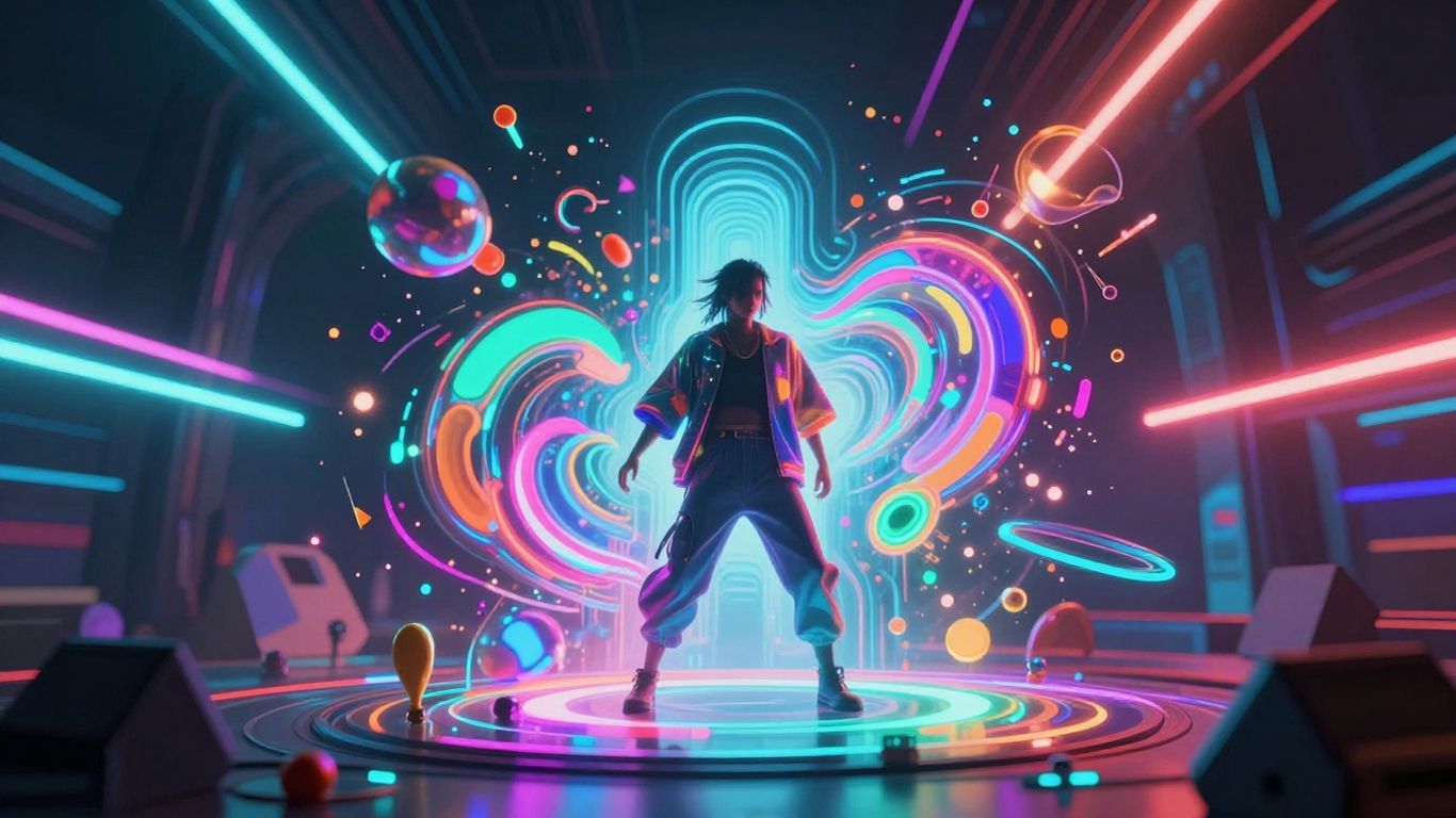 Futuristic AI music video with abstract visuals and neon lights.