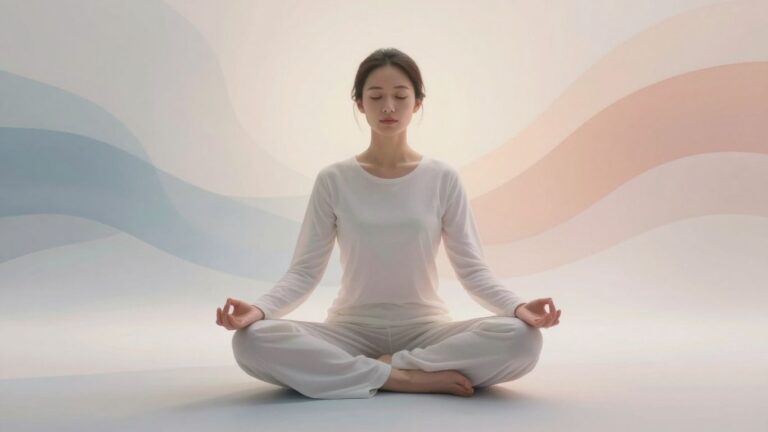 Person meditating with calming abstract visuals.