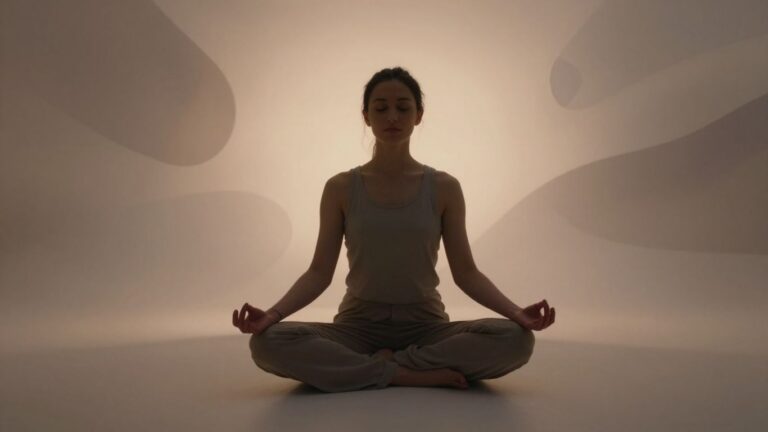 Person meditating with calming abstract visuals.