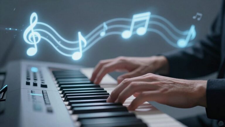 Musician's hands and AI-generated musical notes.