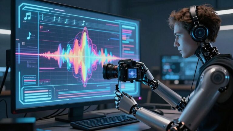 AI music video production in a futuristic studio.