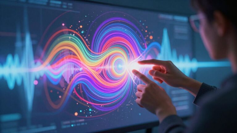 Person creating AI music videos with futuristic interface.