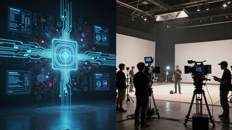 AI music video production versus traditional film set.