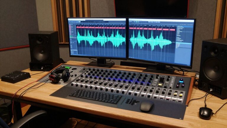 Modern music studio with AI equipment and instruments