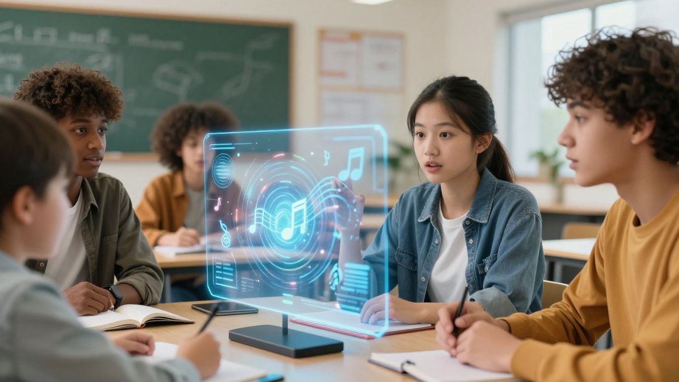 AI music interface with students in a classroom.