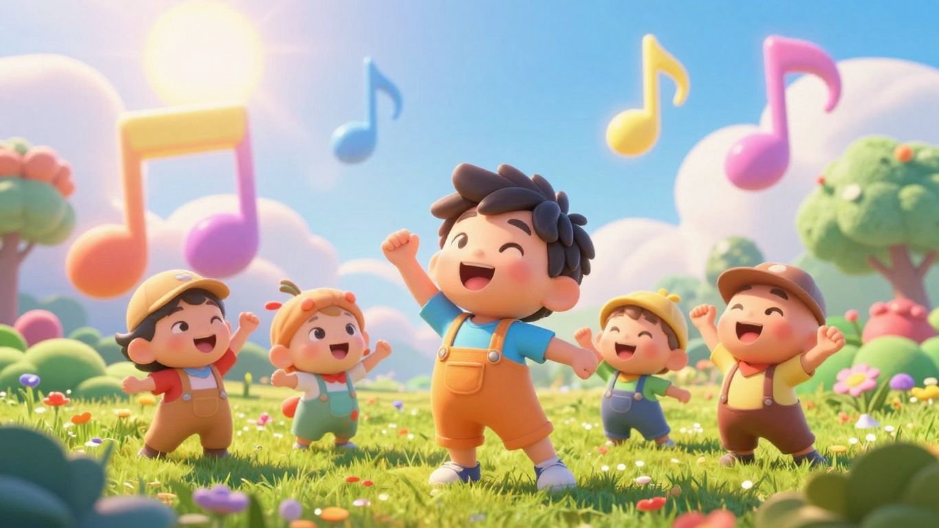 Animated characters singing and dancing in a colorful, whimsical landscape.