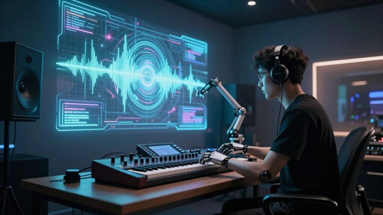 AI and music technology in a futuristic studio setting.