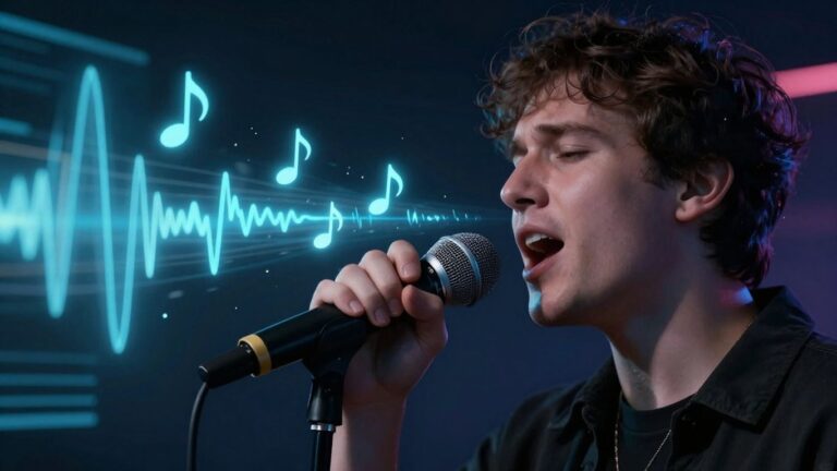 Person singing into microphone with AI sound waves.