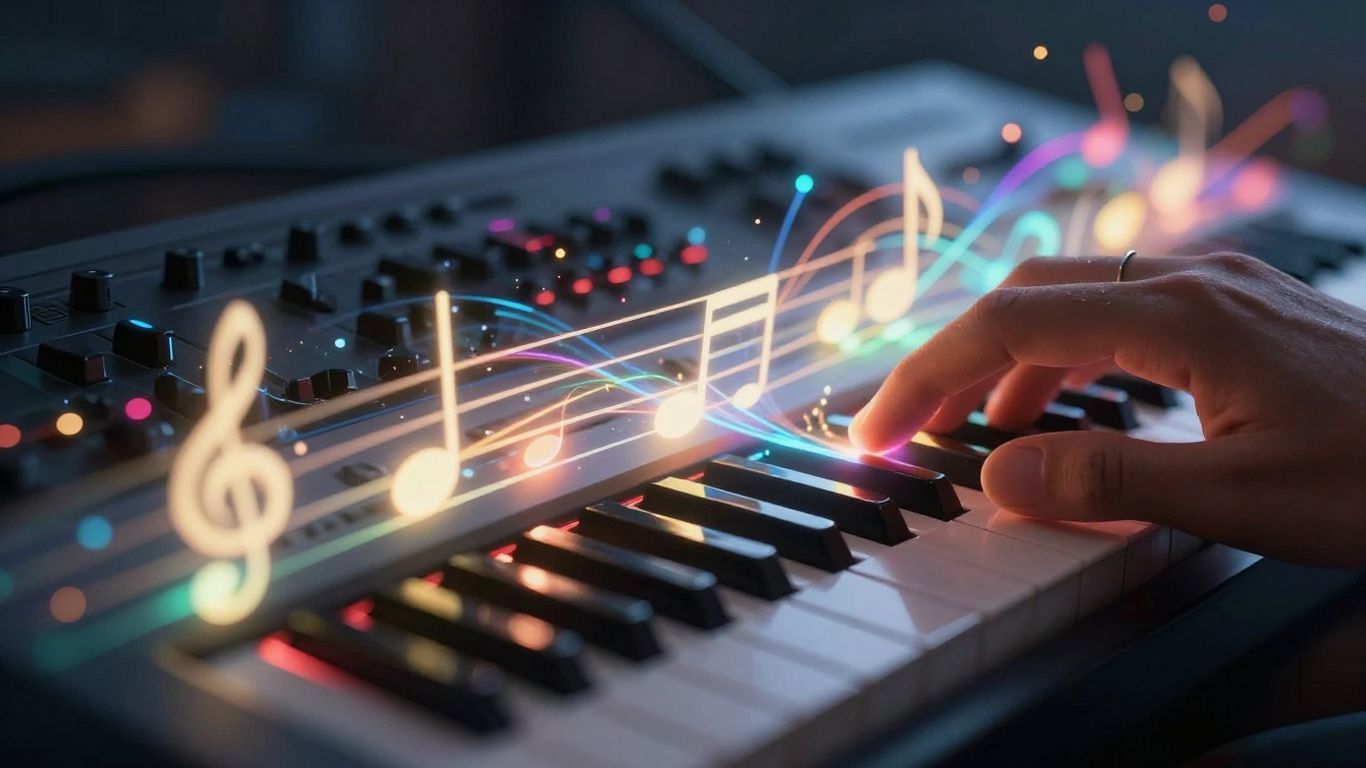 Text transforming into music with glowing notes and sound waves.