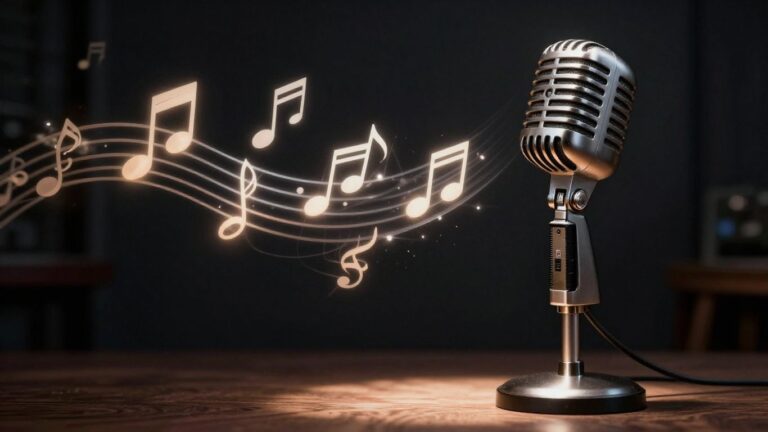 AI music creation, microphone, glowing musical notes
