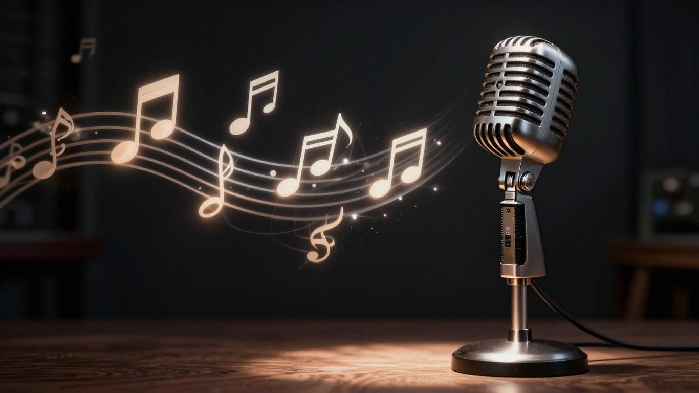 AI music creation, microphone, glowing musical notes