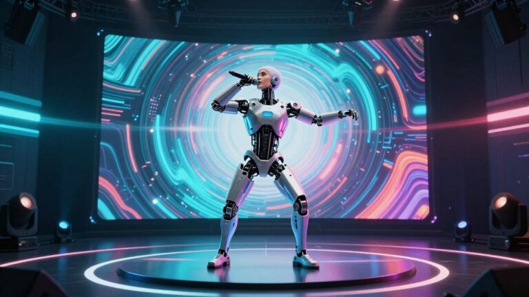AI music video with robotic artist on holographic stage.