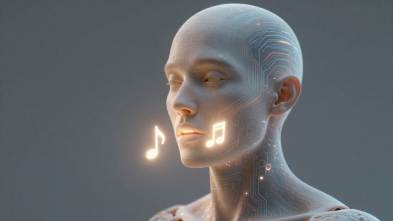 AI avatar singing with glowing musical notes.