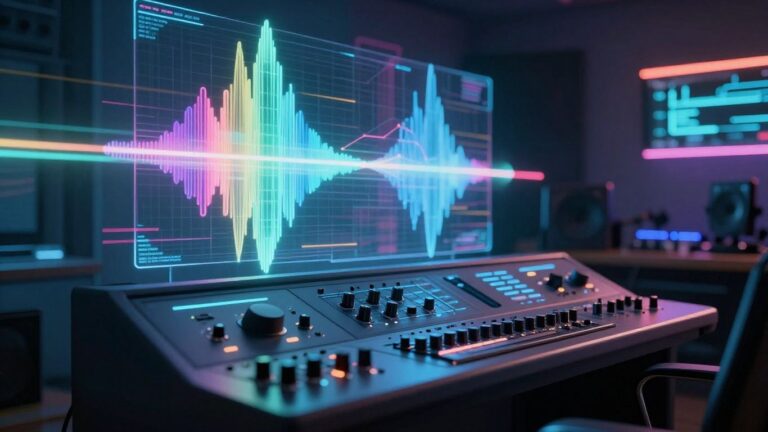 Futuristic AI music studio with glowing soundwaves.