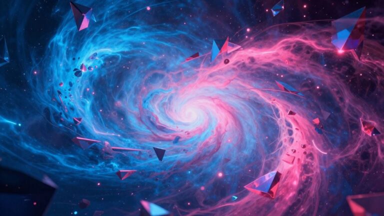 Abstract digital landscape with nebulae and crystals.