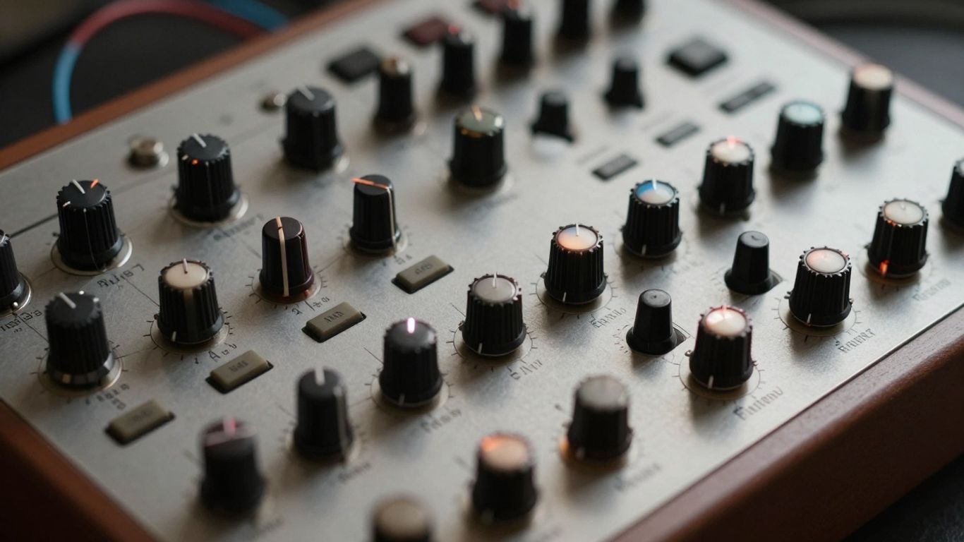 Synthesizer with glowing knobs and wires.