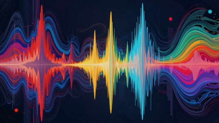 Abstract audio waveforms visualized as colorful patterns.