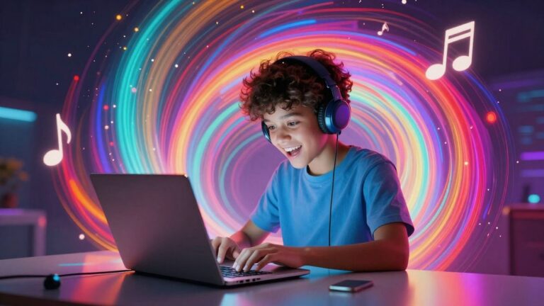 Beginner creating AI music video on laptop.