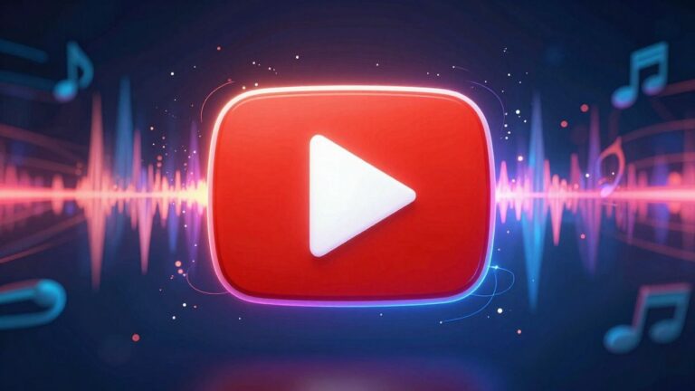 YouTube play button with musical notes and sound waves.