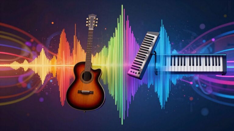 AI music generation with diverse instruments and digital patterns.
