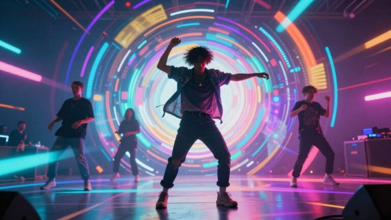 AI-generated music video with vibrant visuals and dancing.