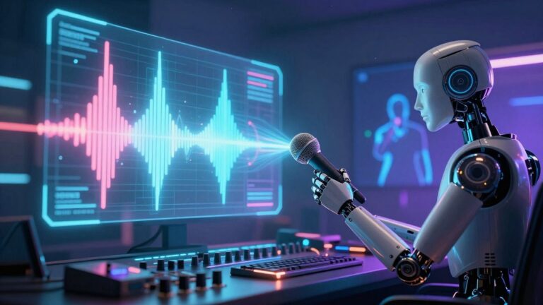 AI music studio with holographic soundwaves and digital singer.