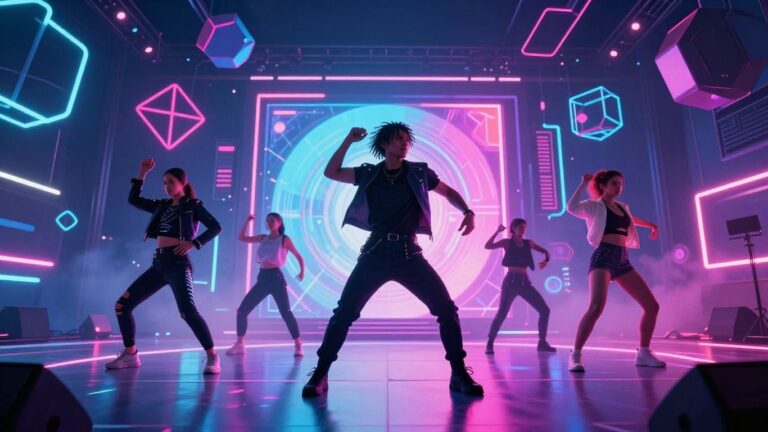 AI music video dancers on a neon stage.