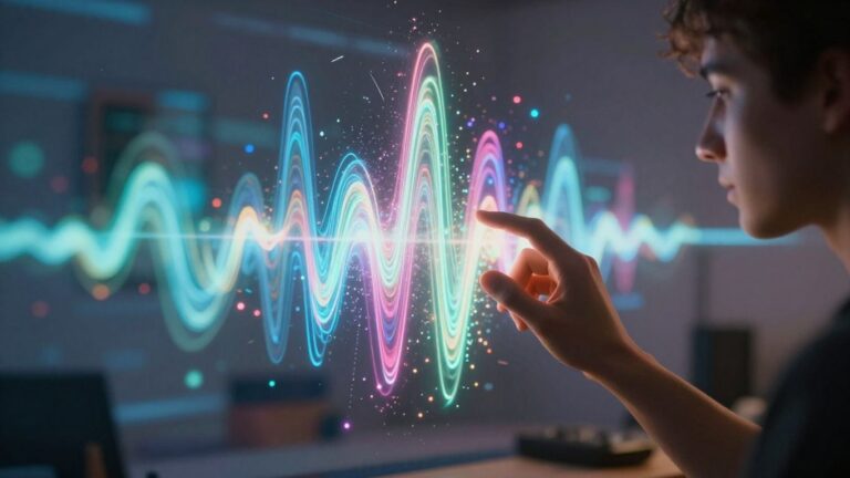AI music video creation with glowing waveform.