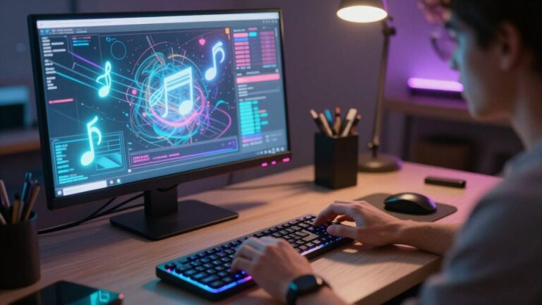 AI music video creation workspace with holographic notes.