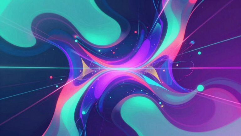 Abstract neon visualizer with geometric shapes and light trails.
