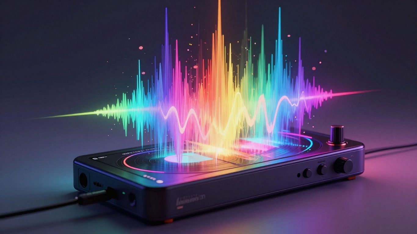 AI music video visualizer with colorful sound waves.