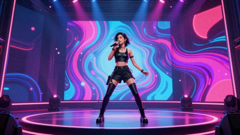 AI-generated music video avatar performing on a neon stage.