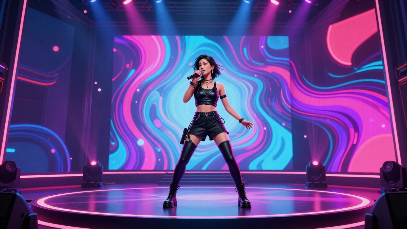 AI-generated music video avatar performing on a neon stage.
