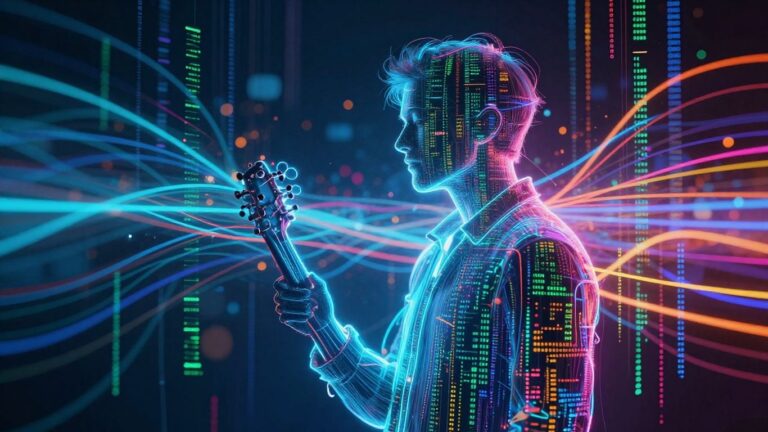 Musician in front of abstract AI-generated digital landscape.