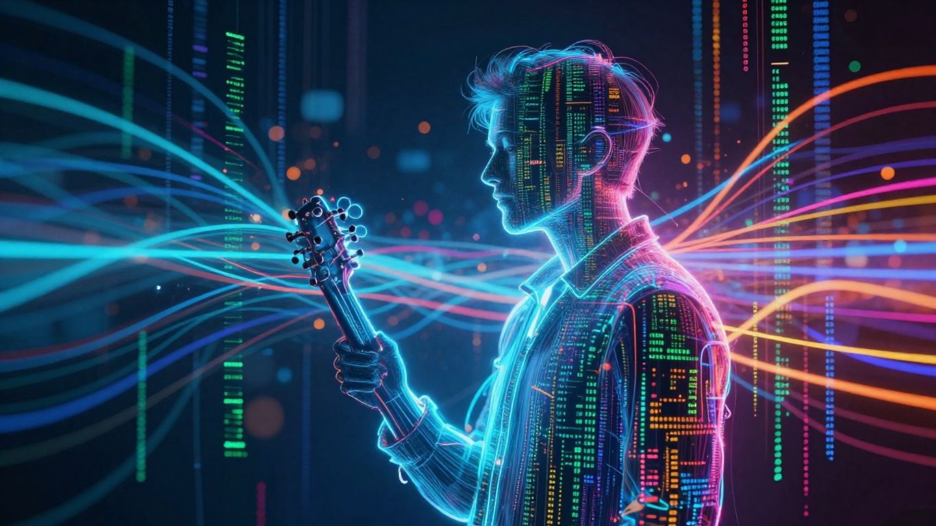 Musician in front of abstract AI-generated digital landscape.