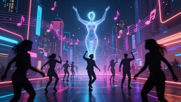 AI music video popularity with dancing figures and AI.