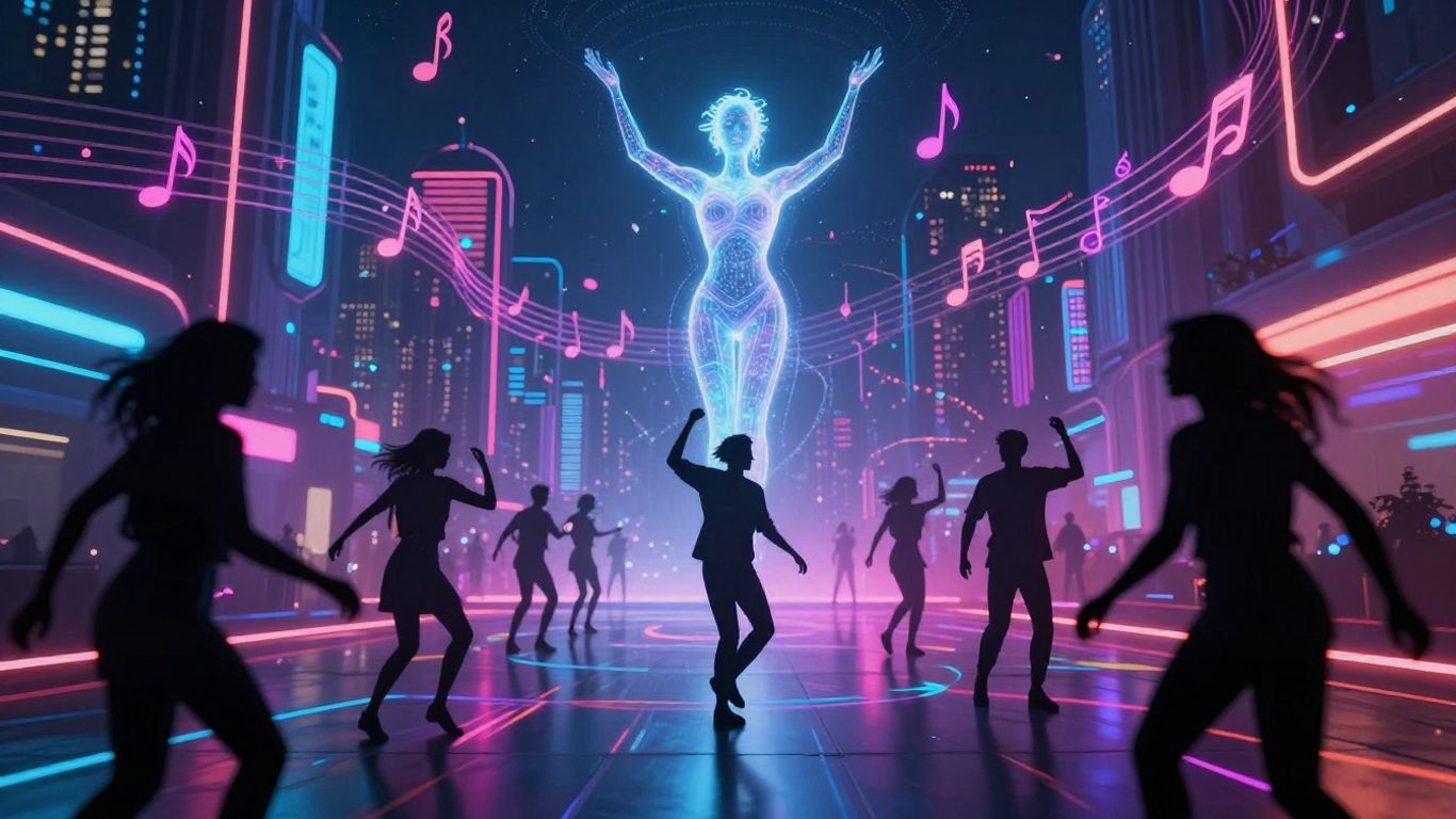 AI music video popularity with dancing figures and AI.